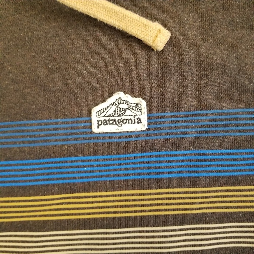 Patagonia Hoodie Mens Small Brown Uprisal Striped Fitz Roy Patch Fleece Outdoor - Picture 2 of 10